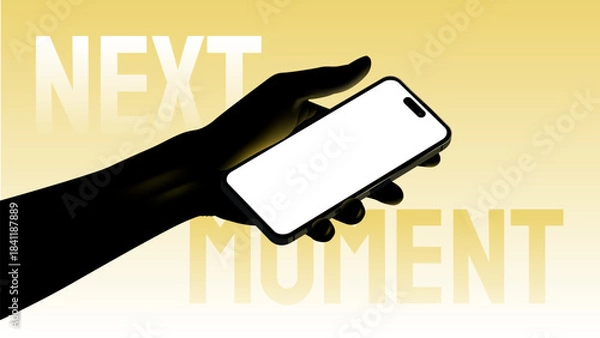 Obraz Hand Holding Smartphone on Yellow Gradient Background with Modern Typography Elements