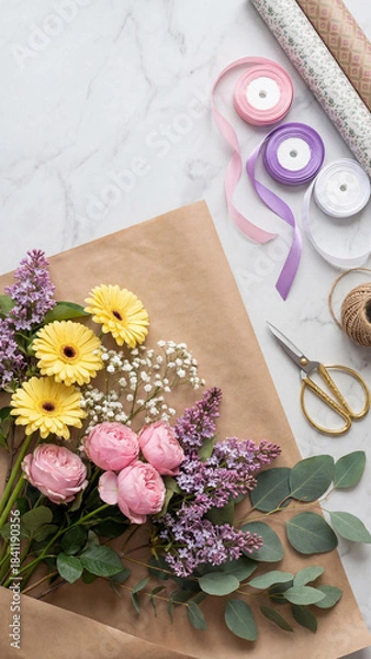 Fototapeta Floral bouquet with daisies, roses, lilacs, and eucalyptus lies on marble with ribbons, paper rolls, twine, and scissors. A creative setup for spring gift wrapping, floral design, or DIY content.