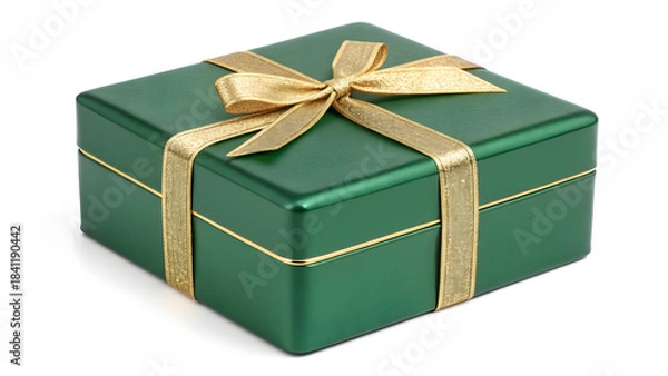 Obraz Green gift box with gold ribbon bow