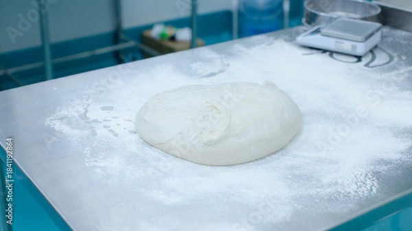 Fototapeta Smooth ball of fresh dough rests on floured stainless steel table in clean food preparation area, Factory production line baking preparation professional kitchen workflow industrial technology concept