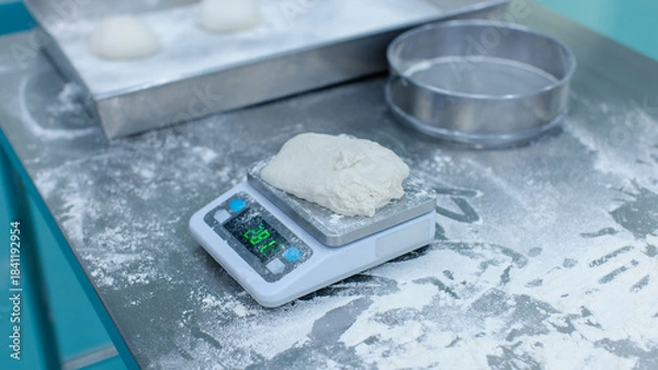 Fototapeta Fresh dough weigh flour on digital scale rests on stainless steel table in clean food preparation area, Factory production line baking preparation professional kitchen workflow industrial technology.