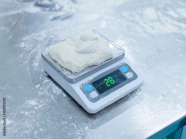 Fototapeta Fresh dough weigh flour on digital scale rests on stainless steel table in clean food preparation area, Factory production line baking preparation professional kitchen workflow industrial technology.