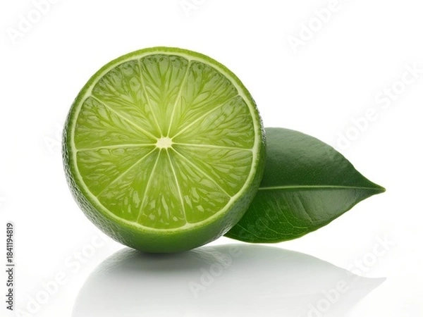 Fototapeta Fresh Green Lime Half with Leaf on White Background