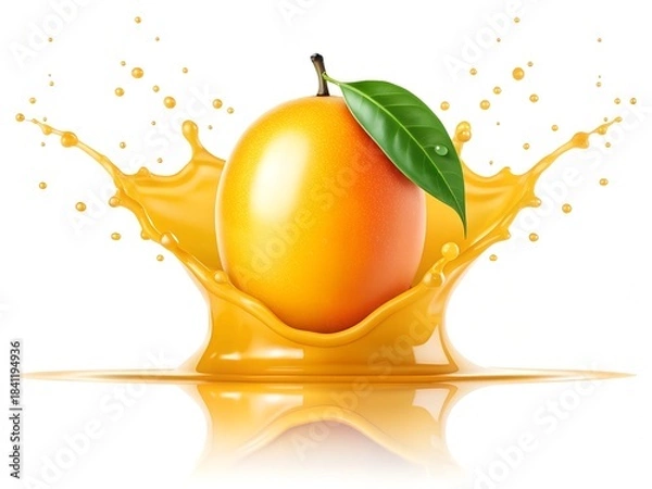 Fototapeta Mango with Leaf in Juice Splash Motion
