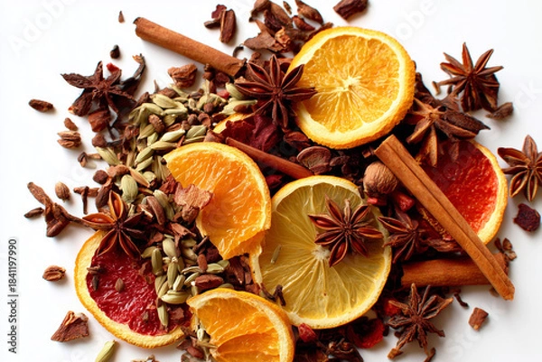 Obraz Mixed dried winter spices and citrus fruit slices flat lay isolated on white background. Top view of cinnamon, star anise and ingredients for mulled wine
