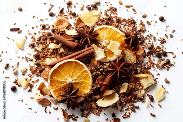 Obraz Mixed dried winter spices and citrus fruit slices flat lay isolated on white background. Top view of cinnamon, star anise and ingredients for mulled wine