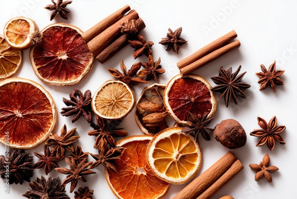 Obraz Mixed dried winter spices and citrus fruit slices flat lay isolated on white background. Top view of cinnamon, star anise and ingredients for mulled wine