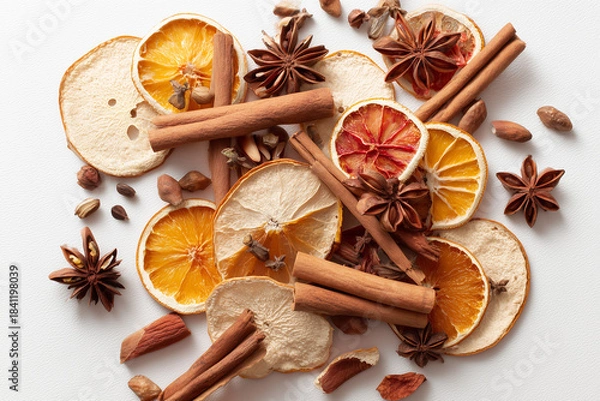 Obraz Mixed dried winter spices and citrus fruit slices flat lay isolated on white background. Top view of cinnamon, star anise and ingredients for mulled wine