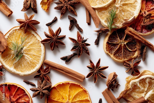 Obraz Mixed dried winter spices and citrus fruit slices flat lay isolated on white background. Top view of cinnamon, star anise and ingredients for mulled wine