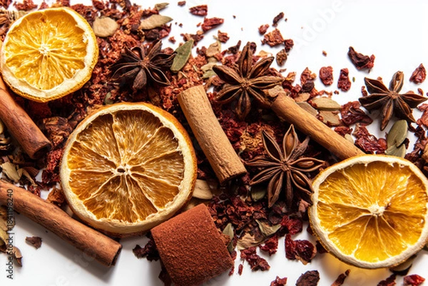 Obraz Mixed dried winter spices and citrus fruit slices flat lay isolated on white background. Top view of cinnamon, star anise and ingredients for mulled wine