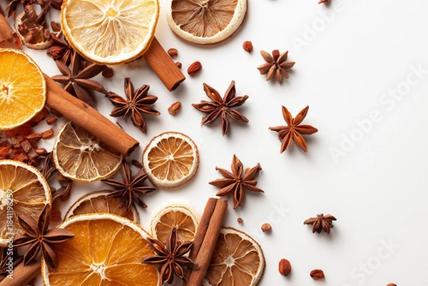 Obraz Mixed dried winter spices and citrus fruit slices flat lay isolated on white background. Top view of cinnamon, star anise and ingredients for mulled wine