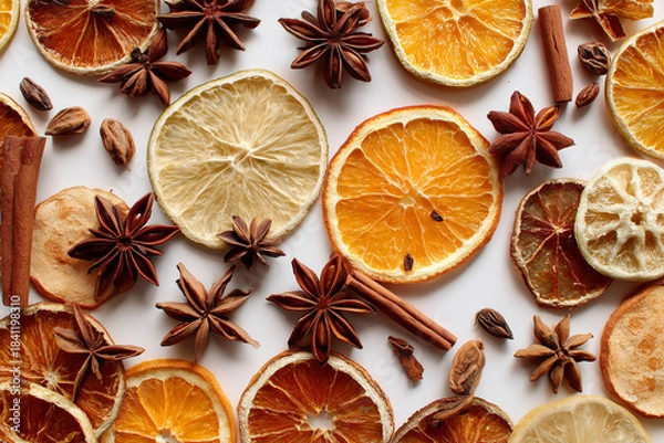 Obraz Mixed dried winter spices and citrus fruit slices flat lay isolated on white background. Top view of cinnamon, star anise and ingredients for mulled wine