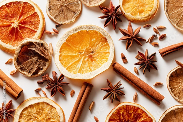 Obraz Mixed dried winter spices and citrus fruit slices flat lay isolated on white background. Top view of cinnamon, star anise and ingredients for mulled wine