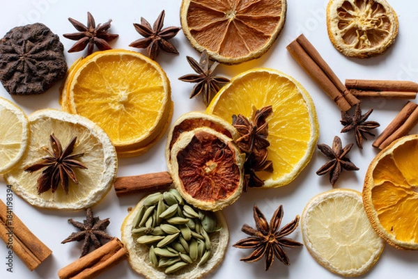 Obraz Mixed dried winter spices and citrus fruit slices flat lay isolated on white background. Top view of cinnamon, star anise and ingredients for mulled wine