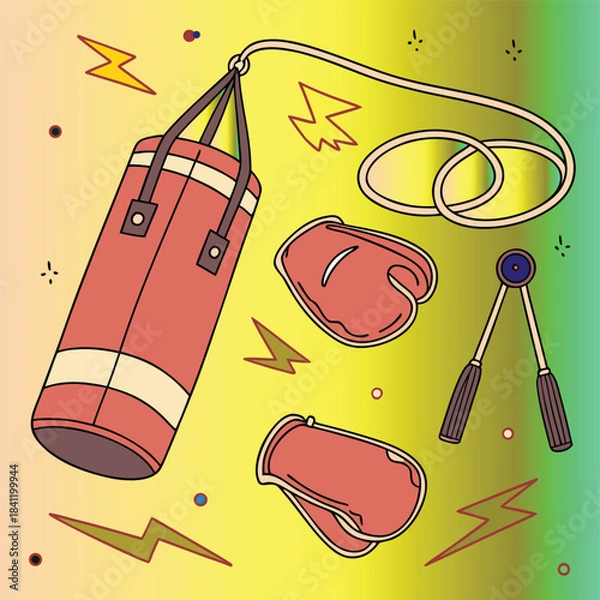 Fototapeta A collection of vector food icons, including fish, meat, and cheese, with an illustration of a pencil and a seamless cooking pattern design