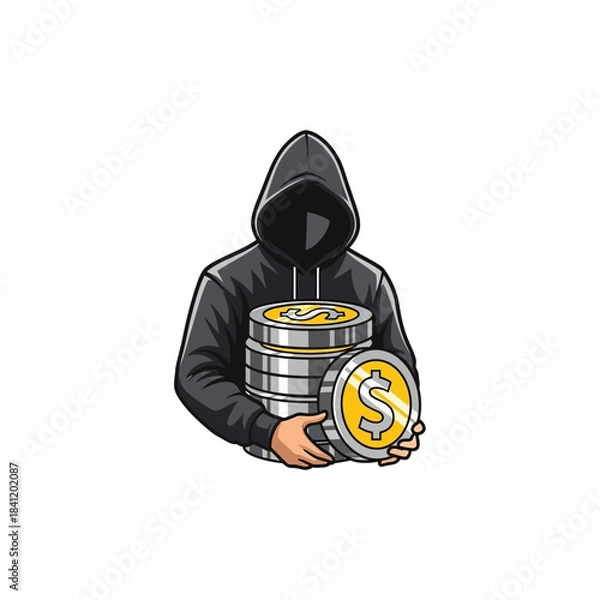 Fototapeta A hooded figure in a black hoodie holding a stack of coins with dollar signs on them, representing financial crime or illicit gains.