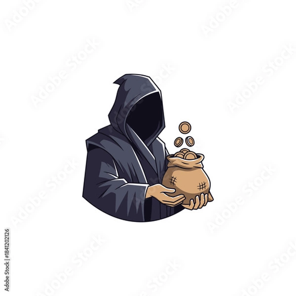 Fototapeta A hooded figure in dark robes holds a sack of coins, with some spilling out.
