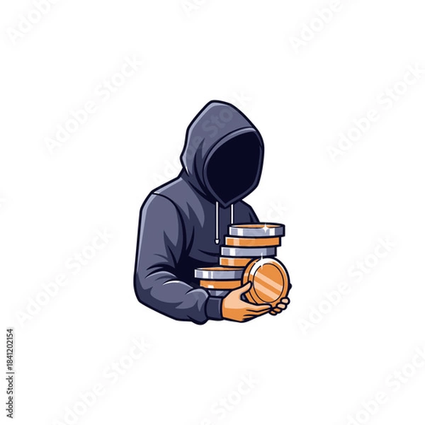 Fototapeta An anonymous figure in a dark hoodie holding a stack of shiny gold coins, symbolizing hidden wealth or digital currency.