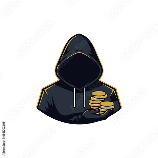 Fototapeta A hooded figure in a dark purple robe is depicted holding a bulging sack of gold coins, with several coins spilling out onto the ground behind them.