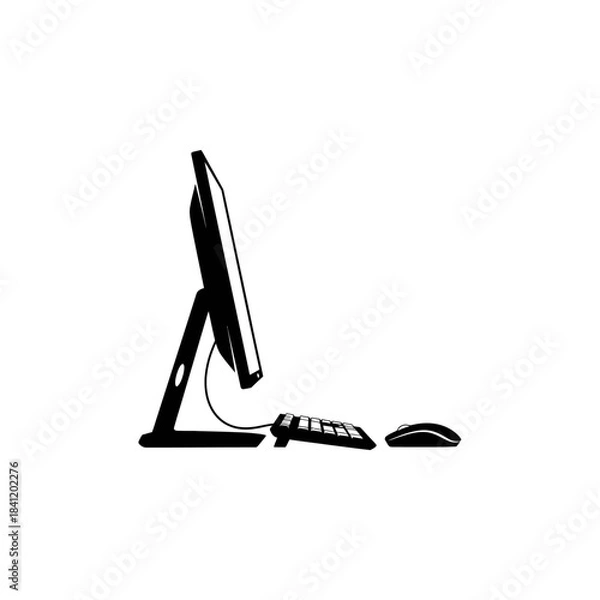 Fototapeta A black and white silhouette of a modern desktop computer setup with a monitor, keyboard, and mouse viewed from the side.