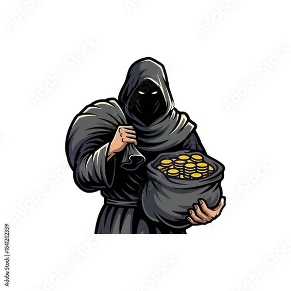 Fototapeta A mysterious hooded figure in a dark cloak holding a shimmering string of golden coins against a black background.