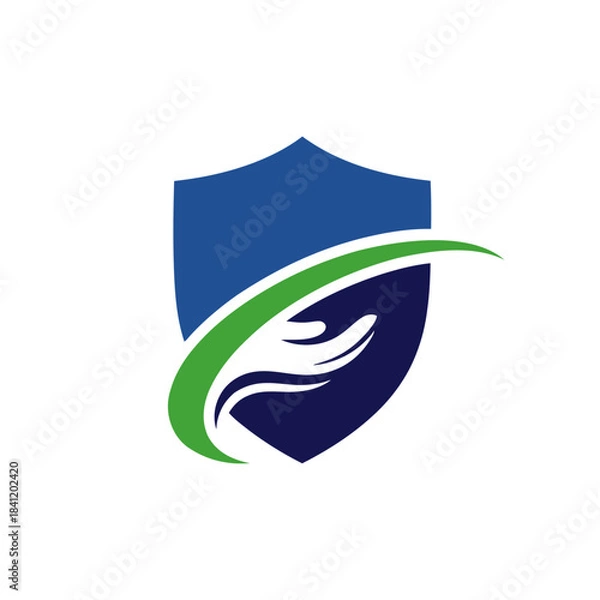 Fototapeta A blue shield with a green swoosh and a white hand reaching out from behind it, symbolizing protection and care.