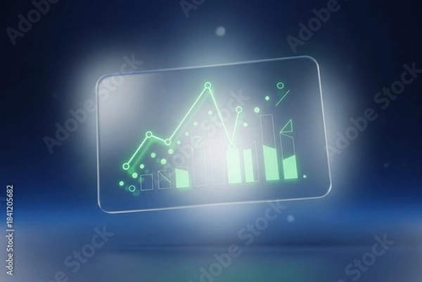 Obraz Futuristic 3D fintech interface displaying a glowing neon green rising graph and bar chart on a floating frosted glass card, symbolizing financial growth and market trends on a deep blue background.