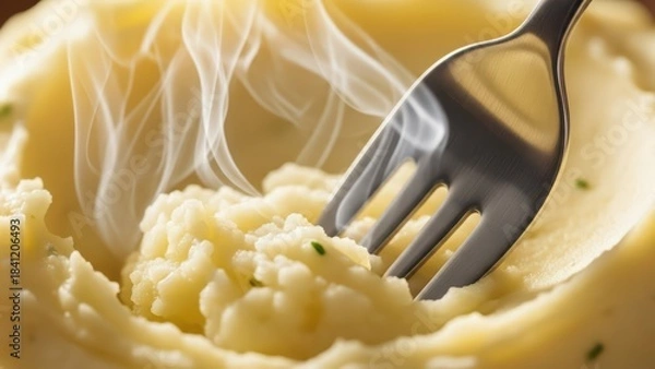 Obraz Warm steaming mashed potatoes with fork in creamy texture