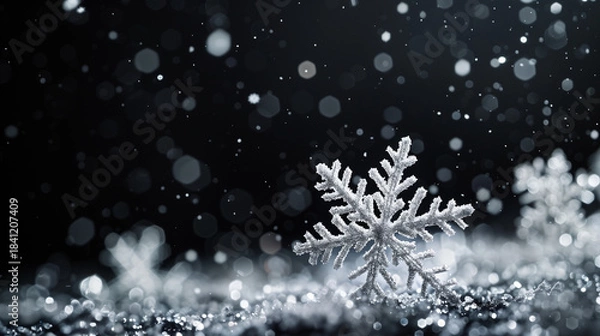 Obraz Silver hanging snowflakes border on black background. Winter holiday decoration with copy space for text