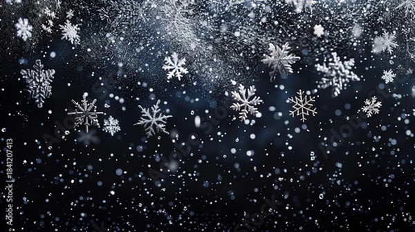 Obraz Silver hanging snowflakes border on black background. Winter holiday decoration with copy space for text