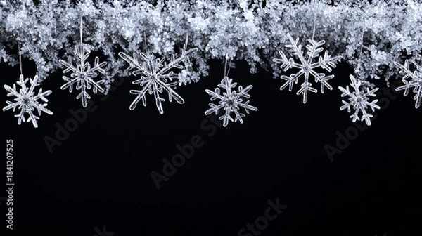 Obraz Silver hanging snowflakes border on black background. Winter holiday decoration with copy space for text