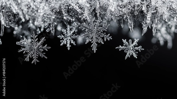 Obraz Silver hanging snowflakes border on black background. Winter holiday decoration with copy space for text