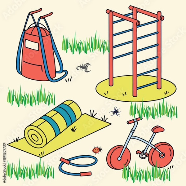 Fototapeta Cartoon illustration vector set of fun summer children playground equipment design in the park