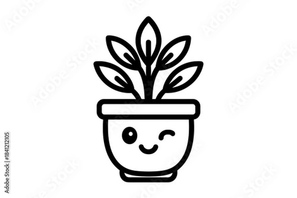 Fototapeta Adorable winking potted houseplant character in simple black outline drawing style