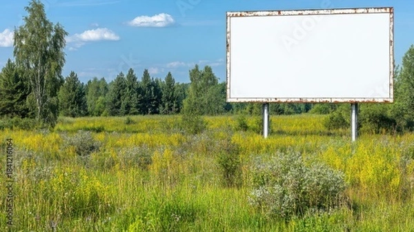 Fototapeta Blank Billboard Stands In Field, Offering Space For Advertising, Nature Backdrop
