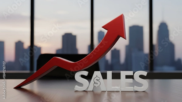 Obraz Corporate growth strategy with rising red arrow and stylized sales typography in modern office setting with cityscape background for financial success