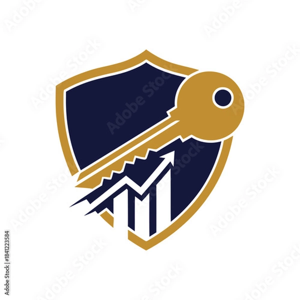 Fototapeta A golden key superimposed on a shield with a rising bar graph, symbolizing security and financial growth.