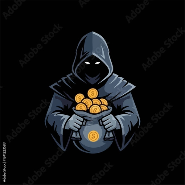 Fototapeta A dark hooded figure with glowing eyes holds a sack overflowing with golden dollar coins, depicted in a mysterious illustration.