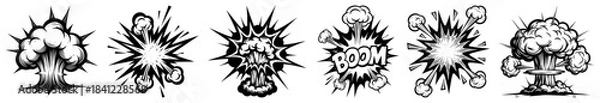 Obraz Comic book boom explosion clouds vector illustration set featuring smoke puffs and nuclear mushroom shapes in black and white sketch style