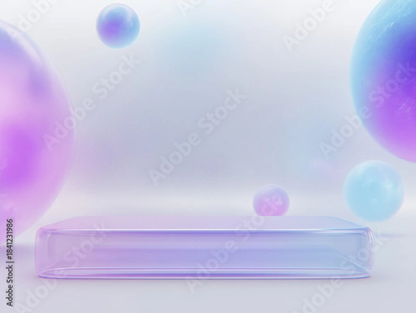 Fototapeta Semi-transparent glass podium levitating slightly above the ground, smooth reflections, soft ambient light, modern technology display scene.