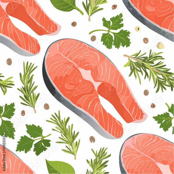 Obraz Seafood seamless pattern with pink salmon, vector illustration