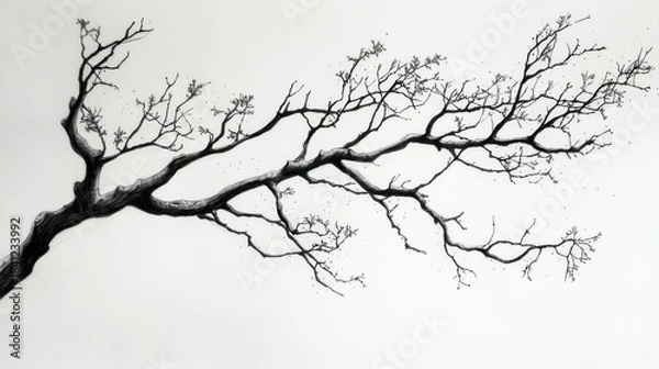 Fototapeta Monochrome tree branch silhouette against a bright white background.