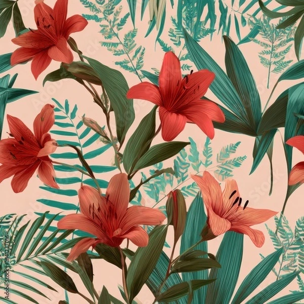 Obraz Vibrant floral pattern featuring tiger lilies and tropical foliage elements.
