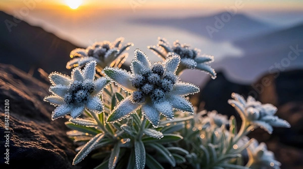 Fototapeta Dewy Edelweiss flowers bloom in the foreground of a Mount Rinjani Segara Anak Lake sunrise landscape with soft bokeh