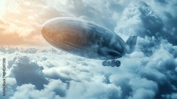 Obraz Steampunk Airship Soaring Through a Dreamy Cloudscape at Sunset.