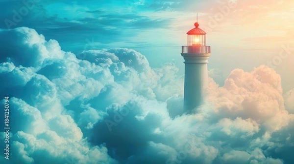 Obraz Lighthouse Beacon Amidst Clouds - A Surreal Dreamscape.