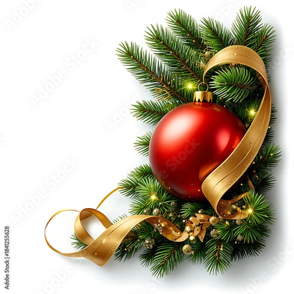 Obraz Ornament with Pine Branch and Golden Ribbon
