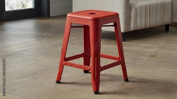 Obraz A red iron stool with a simple, compact design perfect for everyday use. The surface features a circular cutout in the center, adding both grip and practicality.