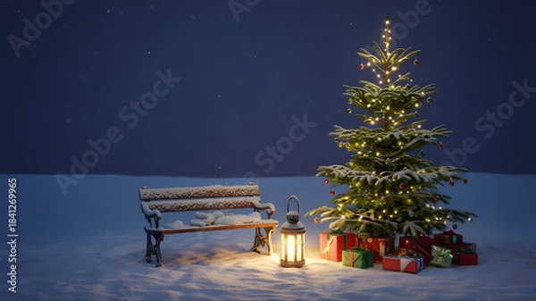 Fototapeta Snowy christmas tree with glowing lantern and bench in peaceful winter night
