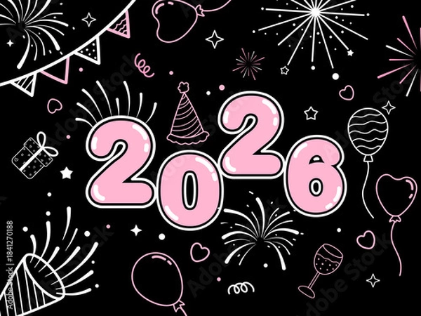 Obraz Hand-drawn, line art banner/poster/background for Happy New Year 2026. Black and pink theme.